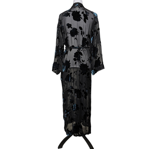 VTG Lasoie Silk Blend Semi Sheer Robe Black w Floral Velvet Romantic Goth OS - Picture 3 of 10